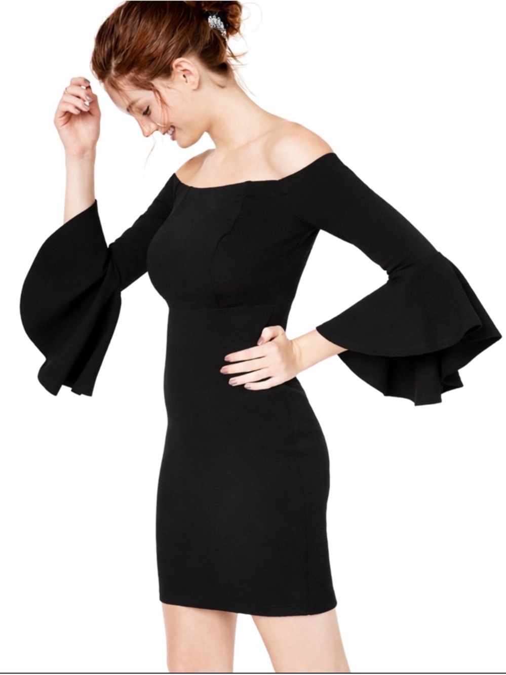TEEZE ME Black Off Shoulder Bell Sleeve Bodycon Mini Dress Cocktail Party Size 0
